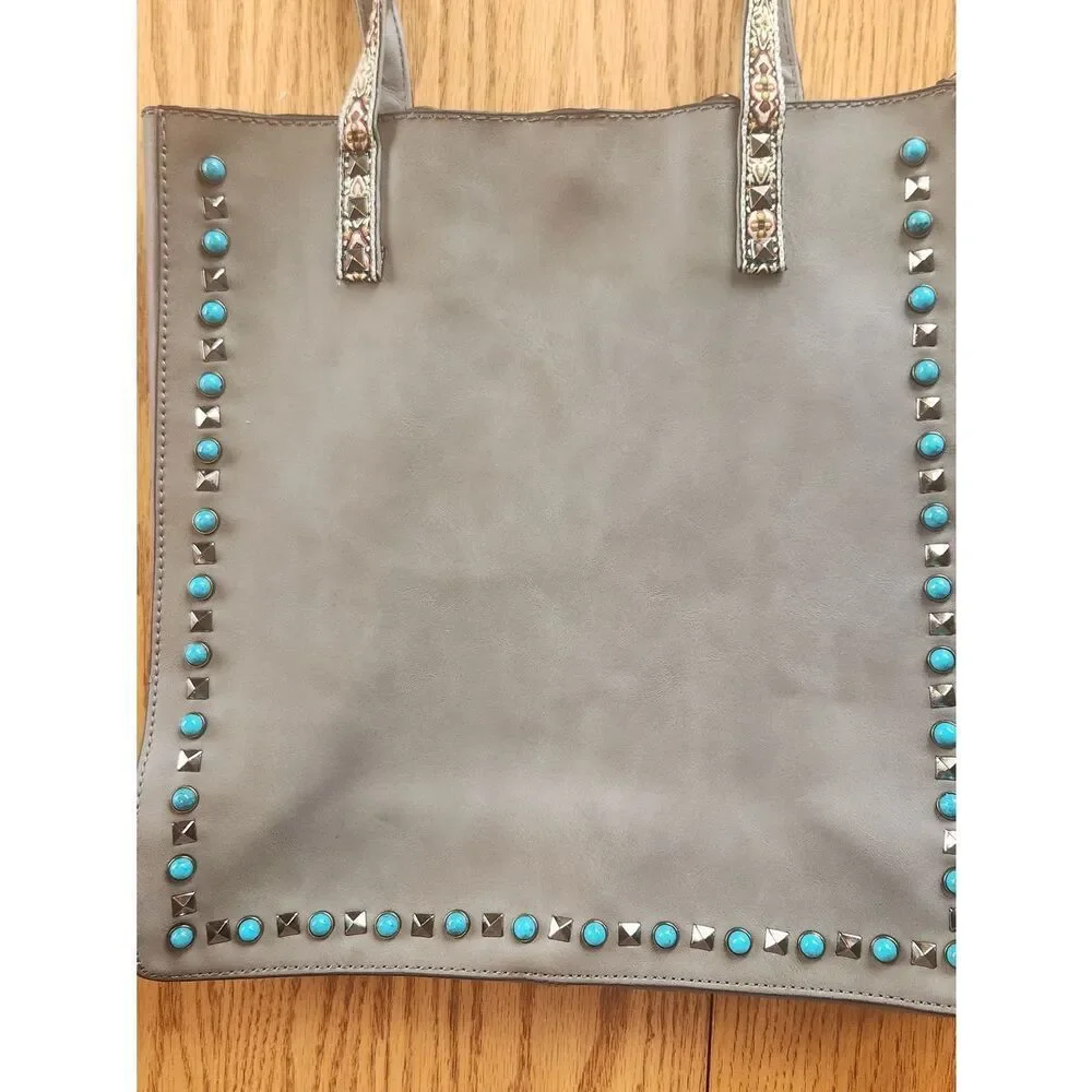 Gray Southwestern Tote Bag w turquois & Silver studs & Embroidered Floral Straps